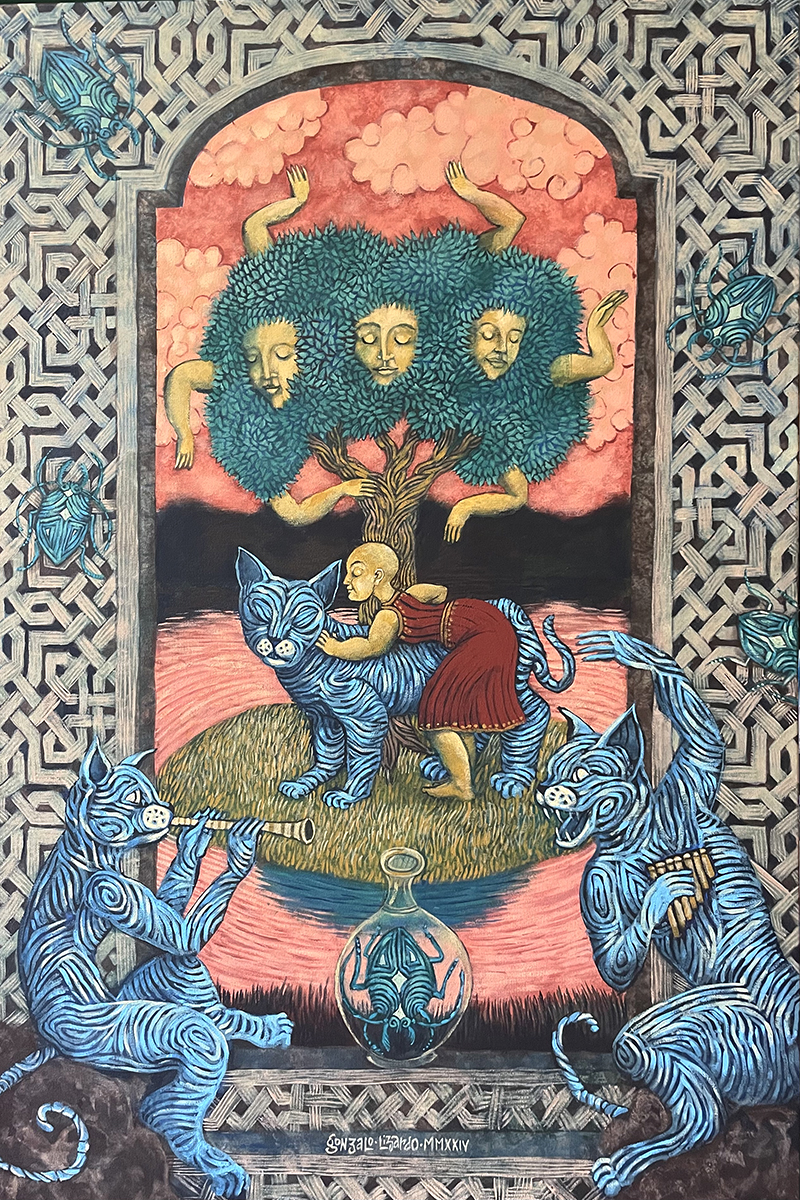 Autor: Gonzalo Lizardo. En la isla de los tigres azules (2024, 60x90 cm).