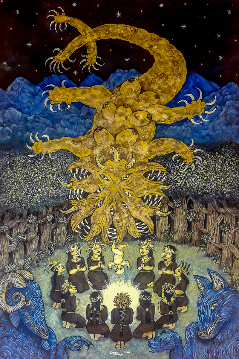 Autor: Gonzalo Lizardo. Milagro de una noche de Aquelarre (2024, acrílico sobre tela, 60x90 cm).