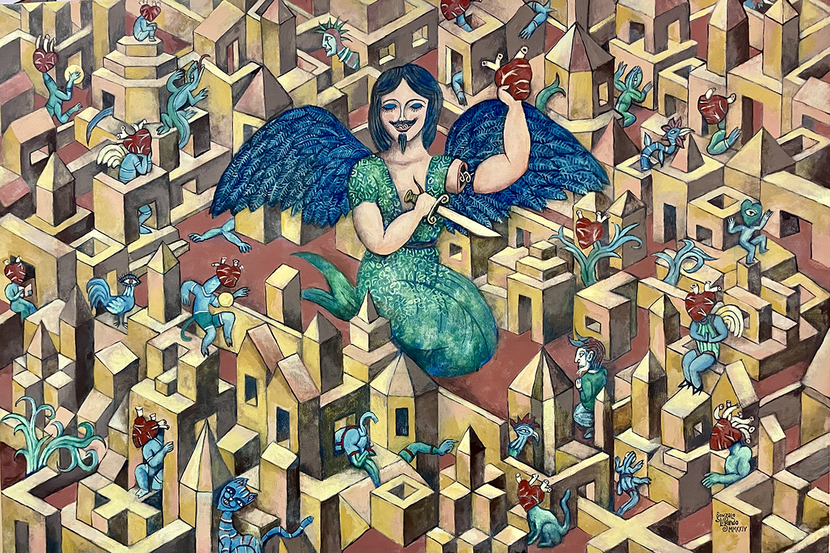 Autor: Gonzalo Lizardo. Corazonadas de la Sinrazón (2024, acrílico sobre tela, 90x60 cm).